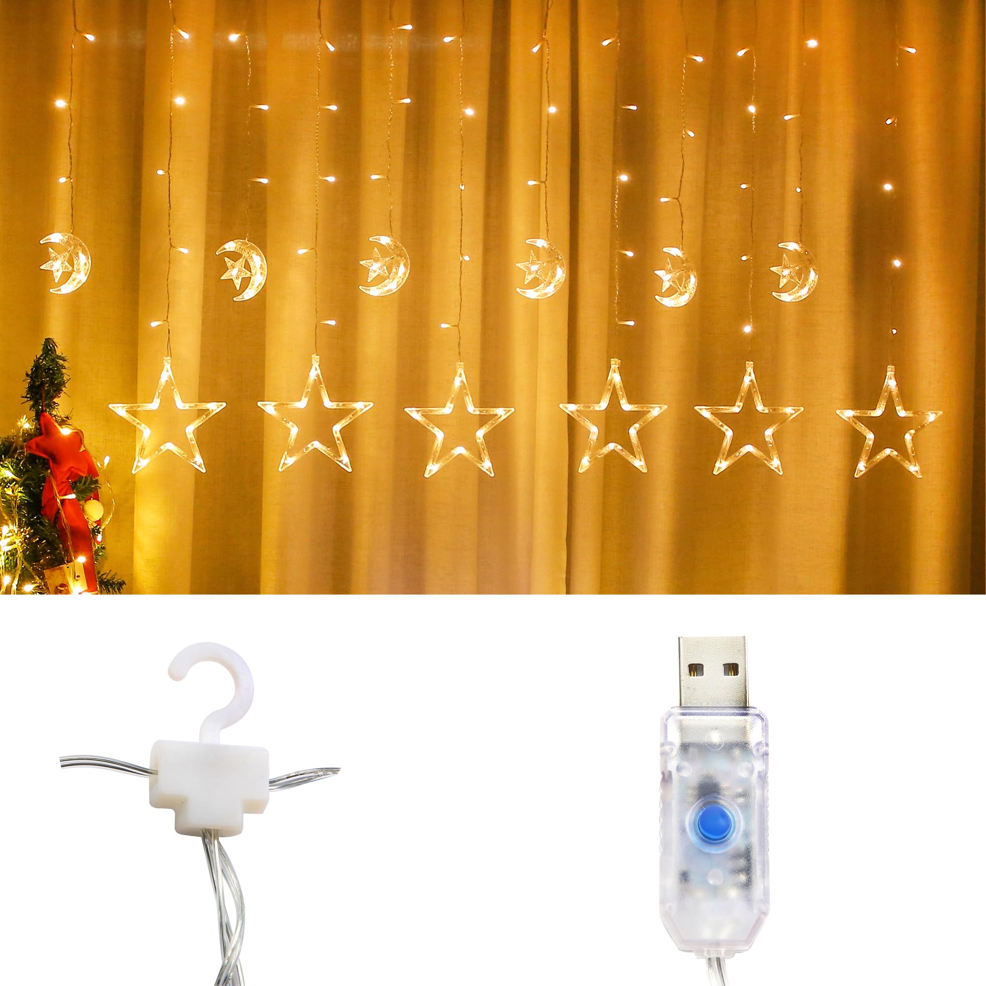 Amazon.co.jp: FUCHSUN 138個 LED カーテン ストリングライト 星 月